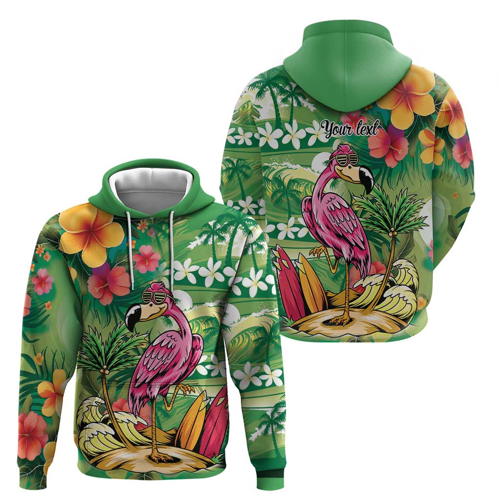 Hawaiian Flamingo Hibiscus Personalised Zip Hoodie Green Summer Tropical Flowers - Polynesian Pride