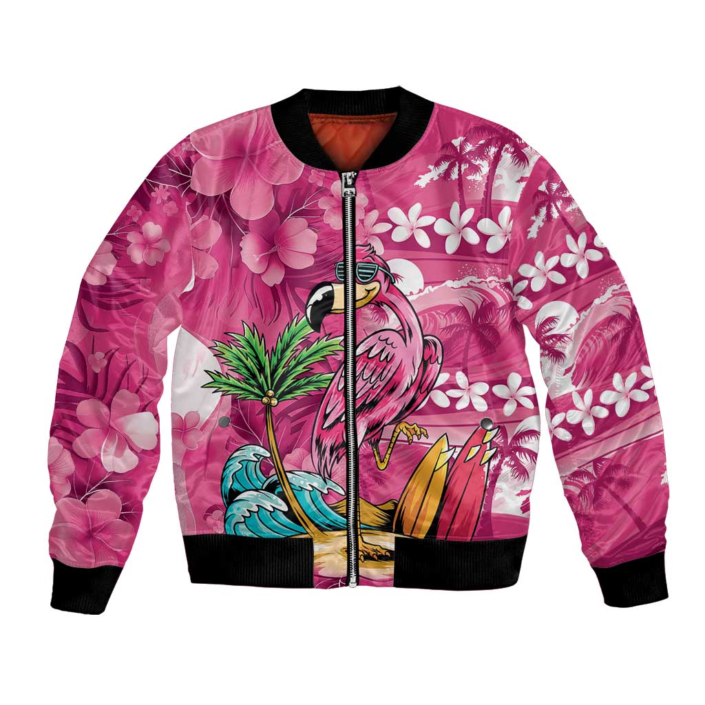 Hawaiian Flamingo Hibiscus Personalised Bomber Jacket Pink Summer Tropical Flowers - Polynesian Pride