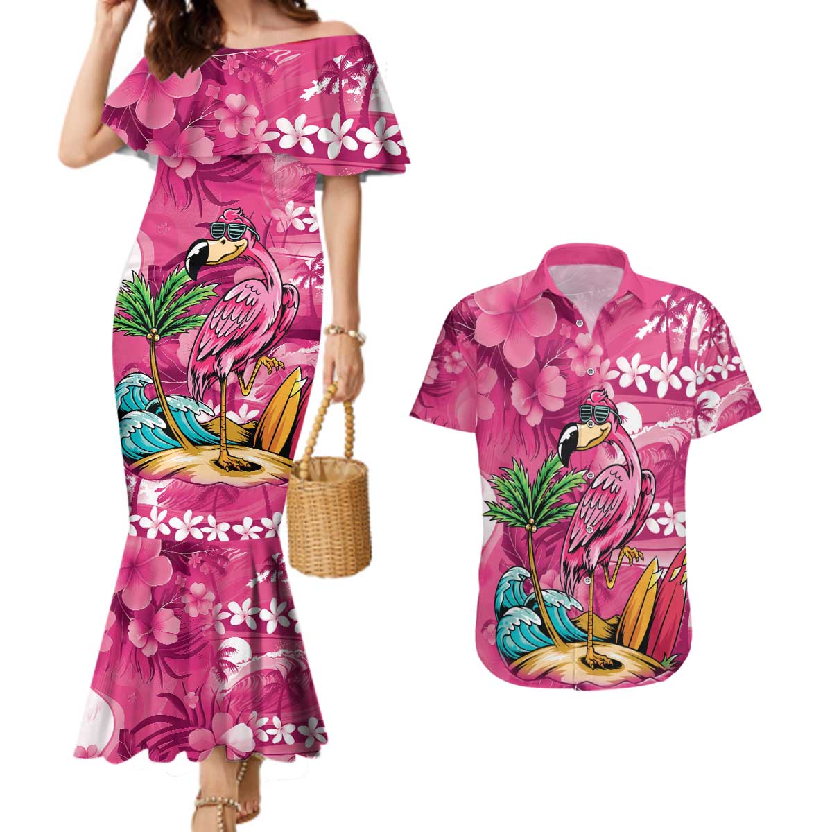 Hawaiian Flamingo Hibiscus Personalised Couples Matching Mermaid Dress and Hawaiian Shirt Pink Summer Tropical Flowers - Polynesian Pride
