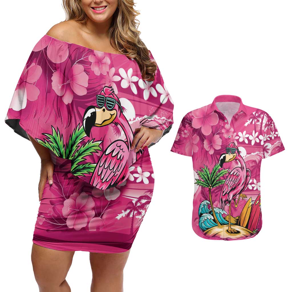 Hawaiian Flamingo Hibiscus Personalised Couples Matching Off Shoulder Short Dress and Hawaiian Shirt Pink Summer Tropical Flowers LT9 Pink - Polynesian Pride