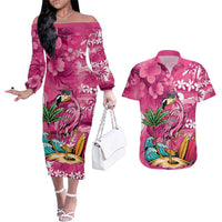 Hawaiian Flamingo Hibiscus Personalised Couples Matching Off The Shoulder Long Sleeve Dress and Hawaiian Shirt Pink Summer Tropical Flowers - Polynesian Pride