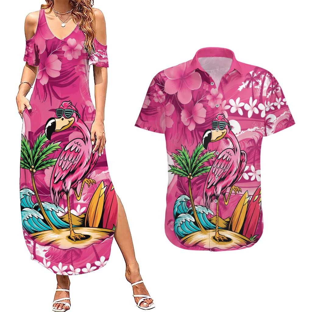 Hawaiian Flamingo Hibiscus Personalised Couples Matching Summer Maxi Dress and Hawaiian Shirt Pink Summer Tropical Flowers - Polynesian Pride