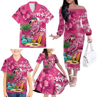 Hawaiian Flamingo Hibiscus Personalised Family Matching Off The Shoulder Long Sleeve Dress and Hawaiian Shirt Pink Summer Tropical Flowers - Polynesian Pride