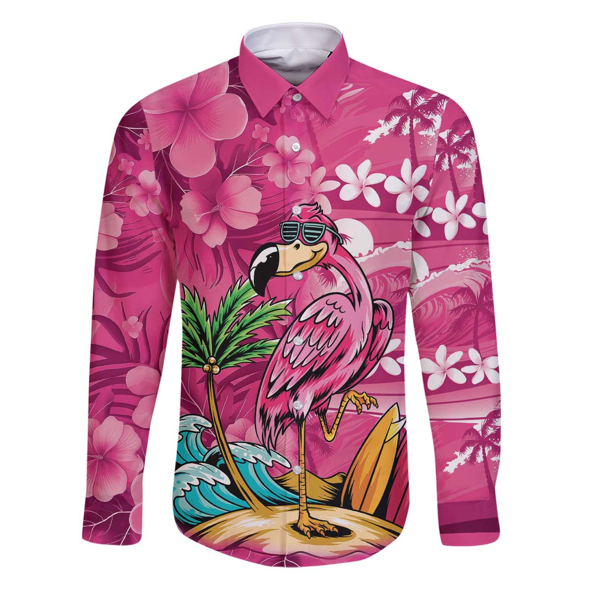 Hawaiian Flamingo Hibiscus Personalised Family Matching Off The Shoulder Long Sleeve Dress and Hawaiian Shirt Pink Summer Tropical Flowers - Polynesian Pride