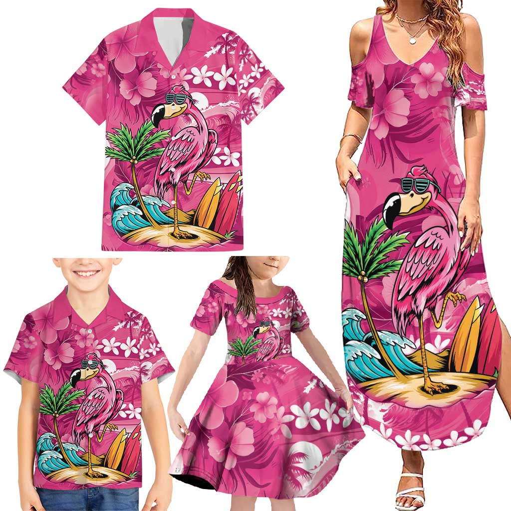 Hawaiian Flamingo Hibiscus Personalised Family Matching Summer Maxi Dress and Hawaiian Shirt Pink Summer Tropical Flowers - Polynesian Pride