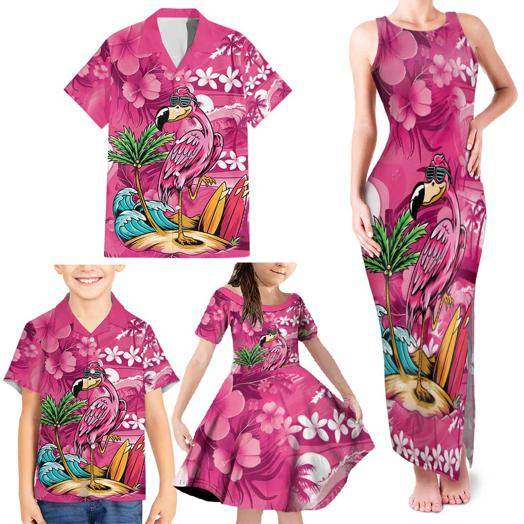 Hawaiian Flamingo Hibiscus Personalised Family Matching Tank Maxi Dress and Hawaiian Shirt Pink Summer Tropical Flowers - Polynesian Pride
