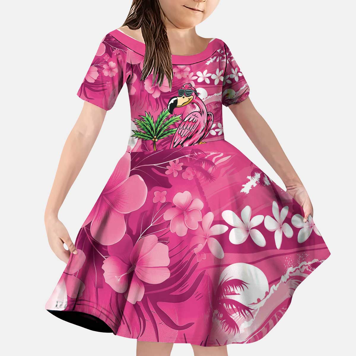 Hawaiian Flamingo Hibiscus Personalised Kid Short Sleeve Dress Pink Summer Tropical Flowers LT9 KID Pink - Polynesian Pride