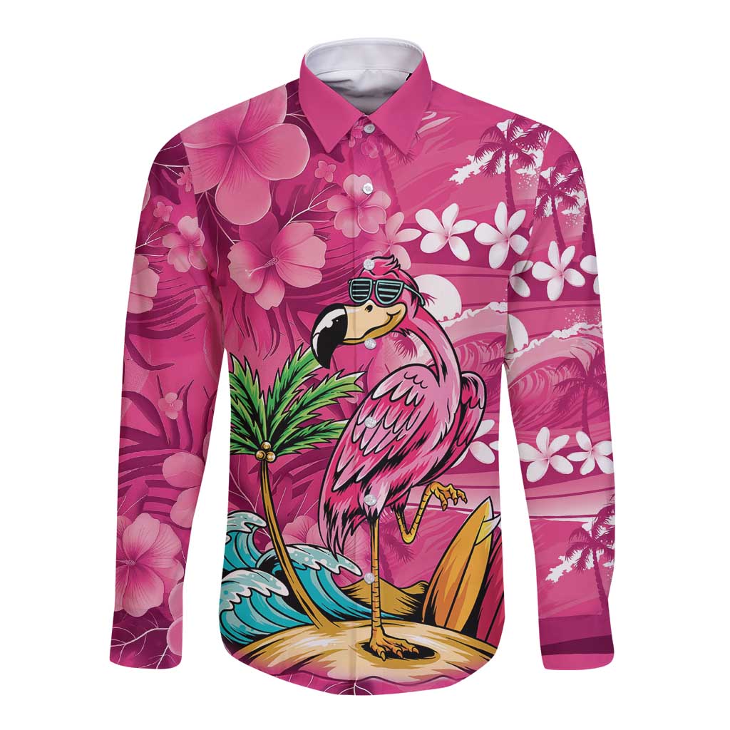 Hawaiian Flamingo Hibiscus Personalised Long Sleeve Button Shirt Pink Summer Tropical Flowers - Polynesian Pride