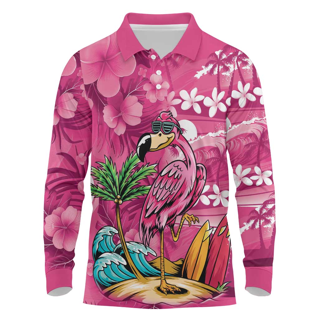 Hawaiian Flamingo Hibiscus Personalised Long Sleeve Polo Shirt Pink Summer Tropical Flowers - Polynesian Pride