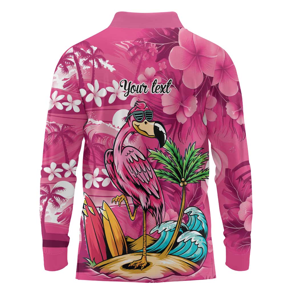 Hawaiian Flamingo Hibiscus Personalised Long Sleeve Polo Shirt Pink Summer Tropical Flowers - Polynesian Pride