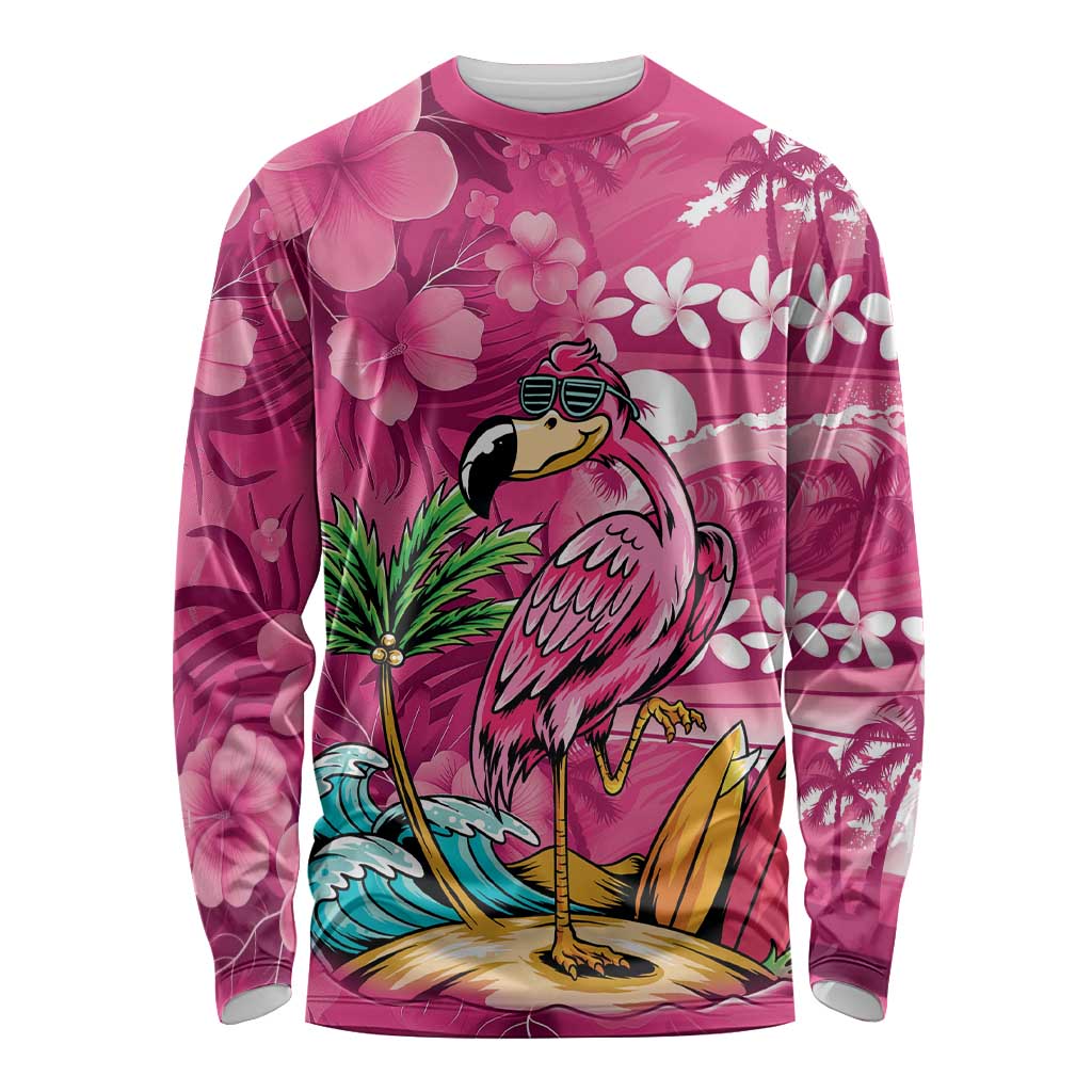 Hawaiian Flamingo Hibiscus Personalised Long Sleeve Shirt Pink Summer Tropical Flowers - Polynesian Pride