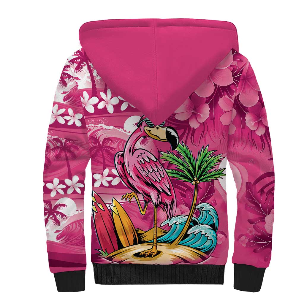 Hawaiian Flamingo Hibiscus Personalised Sherpa Hoodie Pink Summer Tropical Flowers - Polynesian Pride