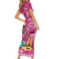 Hawaiian Flamingo Hibiscus Personalised Short Sleeve Bodycon Dress Pink Summer Tropical Flowers - Polynesian Pride