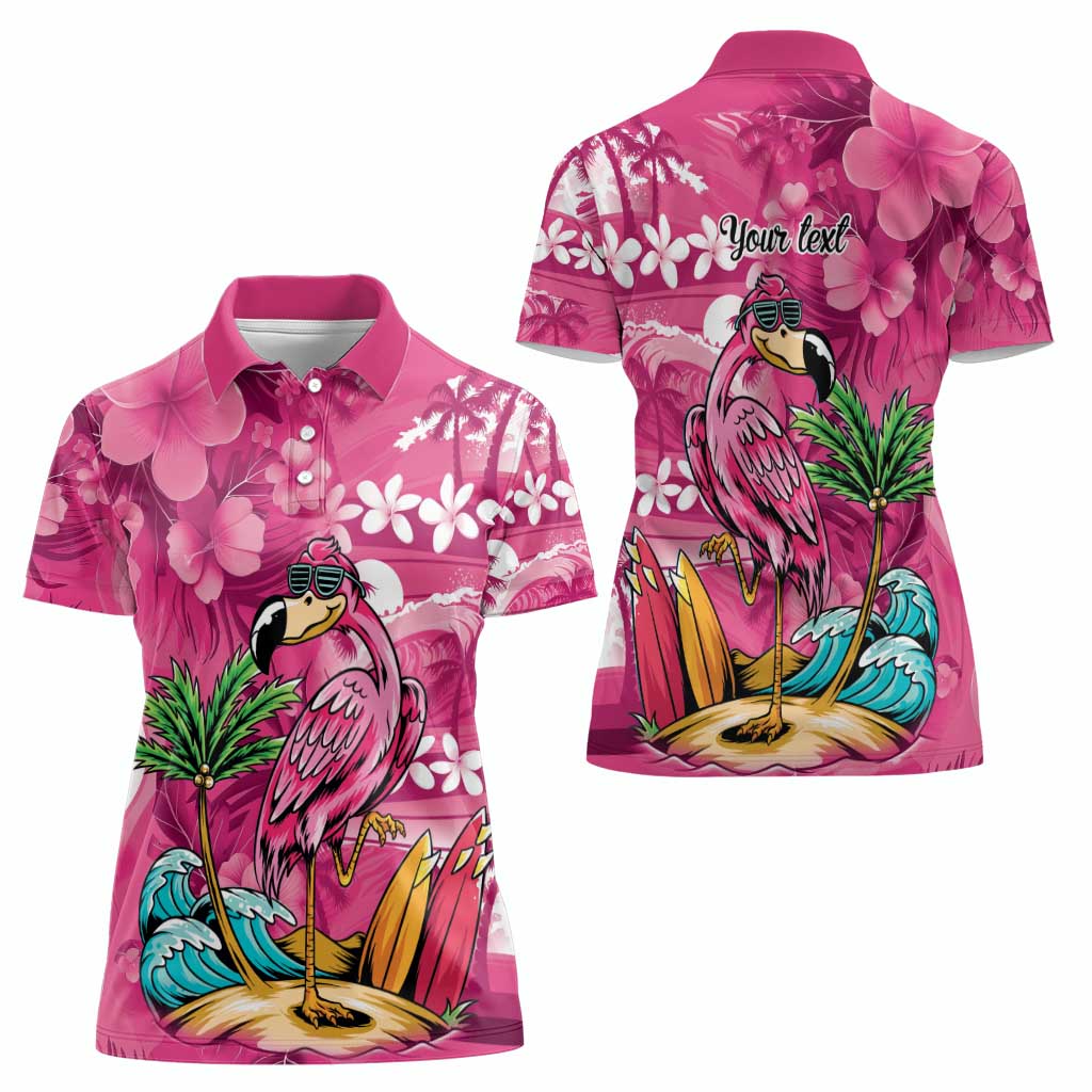 Hawaiian Flamingo Hibiscus Personalised Women Polo Shirt Pink Summer Tropical Flowers - Polynesian Pride