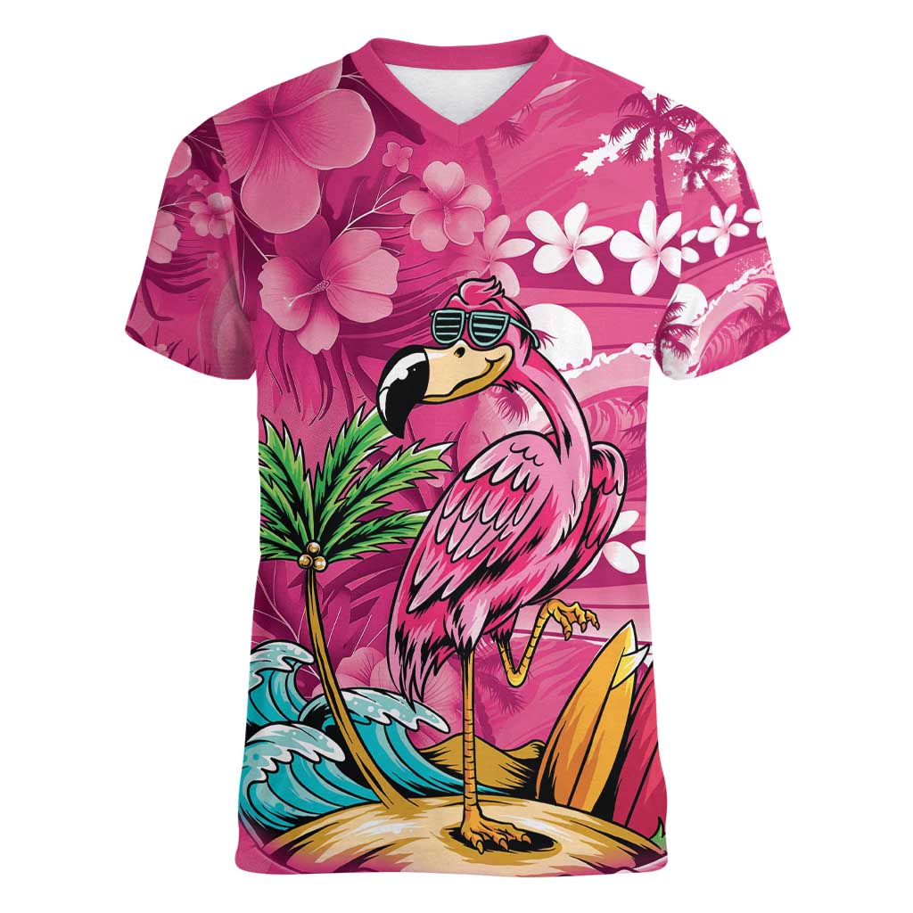 Hawaiian Flamingo Hibiscus Personalised Women V-Neck T-Shirt Pink Summer Tropical Flowers - Polynesian Pride