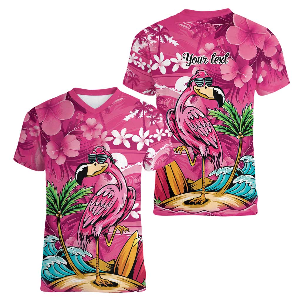 Hawaiian Flamingo Hibiscus Personalised Women V-Neck T-Shirt Pink Summer Tropical Flowers - Polynesian Pride