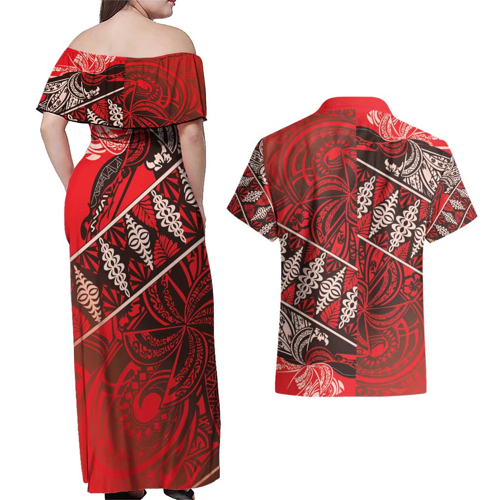 Vintage Ngatu Tribal Tonga Pattern Couples Matching Off Shoulder Maxi Dress and Hawaiian Shirt - Polynesian Pride