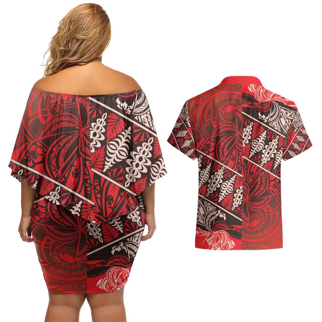 Vintage Ngatu Tribal Tonga Pattern Couples Matching Off Shoulder Short Dress and Hawaiian Shirt - Polynesian Pride