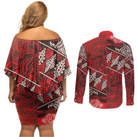 Vintage Ngatu Tribal Tonga Pattern Couples Matching Off Shoulder Short Dress and Long Sleeve Button Shirt - Polynesian Pride