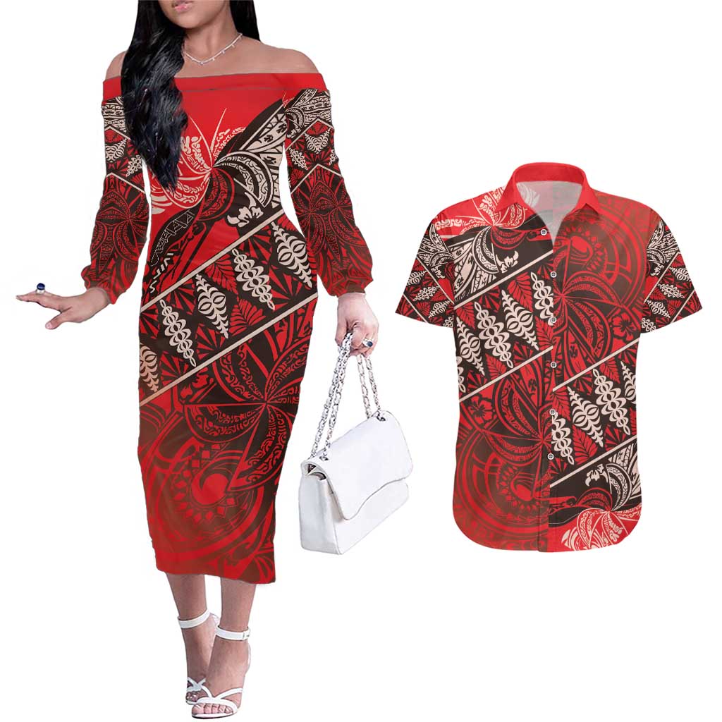 Vintage Ngatu Tribal Tonga Pattern Couples Matching Off The Shoulder Long Sleeve Dress and Hawaiian Shirt - Polynesian Pride