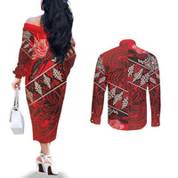 Vintage Ngatu Tribal Tonga Pattern Couples Matching Off The Shoulder Long Sleeve Dress and Long Sleeve Button Shirt - Polynesian Pride