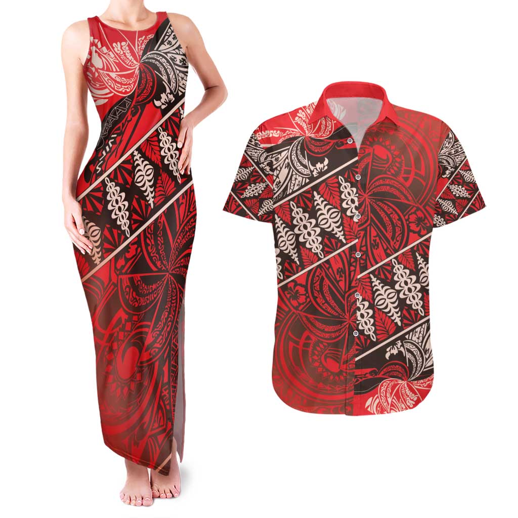 Vintage Ngatu Tribal Tonga Pattern Couples Matching Tank Maxi Dress and Hawaiian Shirt - Polynesian Pride