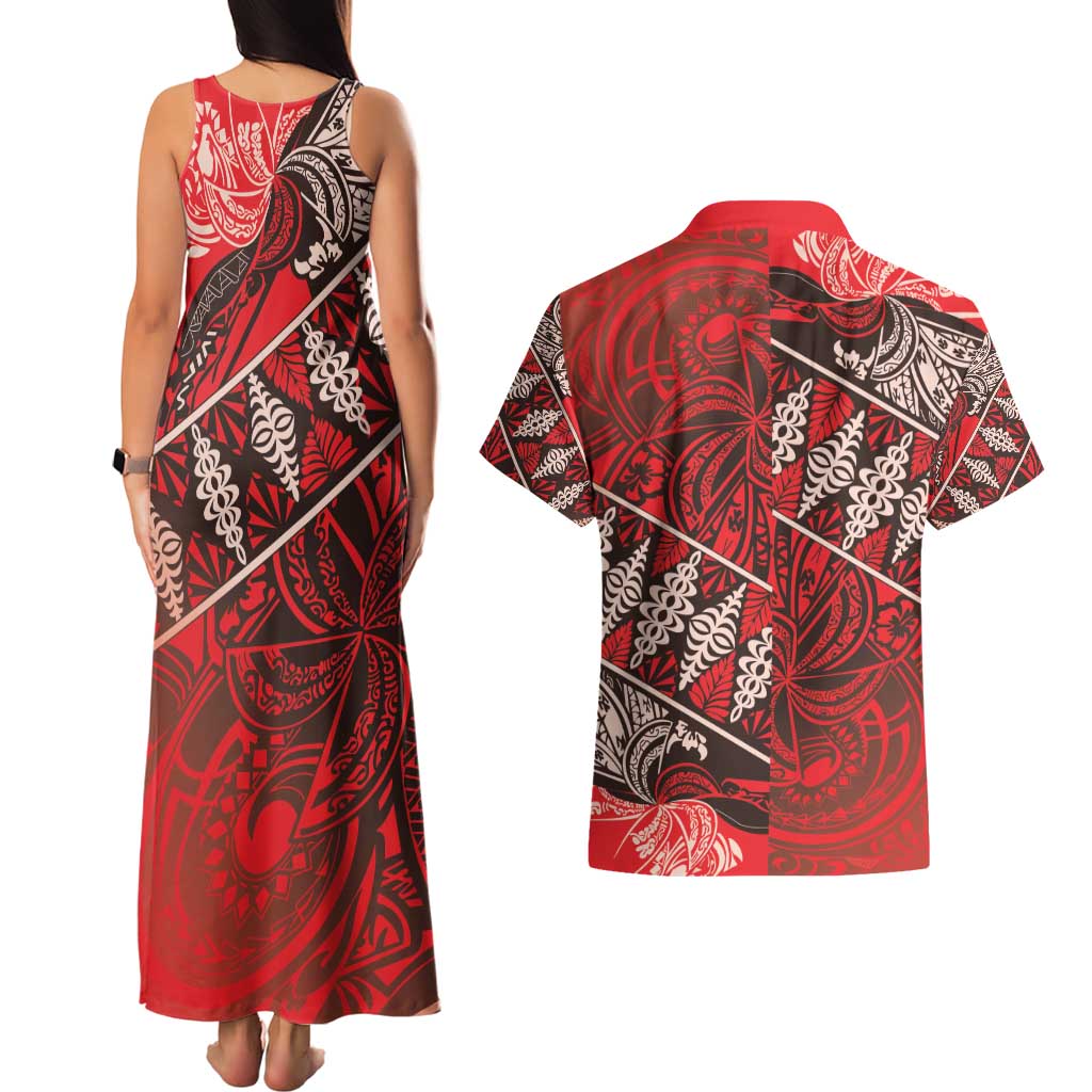Vintage Ngatu Tribal Tonga Pattern Couples Matching Tank Maxi Dress and Hawaiian Shirt - Polynesian Pride