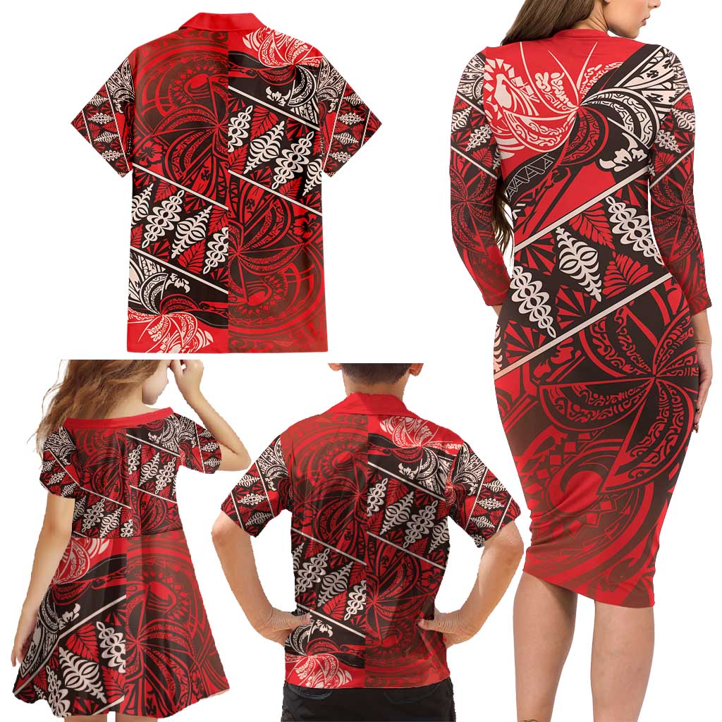 Vintage Ngatu Tribal Tonga Pattern Family Matching Long Sleeve Bodycon Dress and Hawaiian Shirt - Polynesian Pride