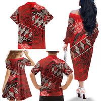 Vintage Ngatu Tribal Tonga Pattern Family Matching Off The Shoulder Long Sleeve Dress and Hawaiian Shirt - Polynesian Pride