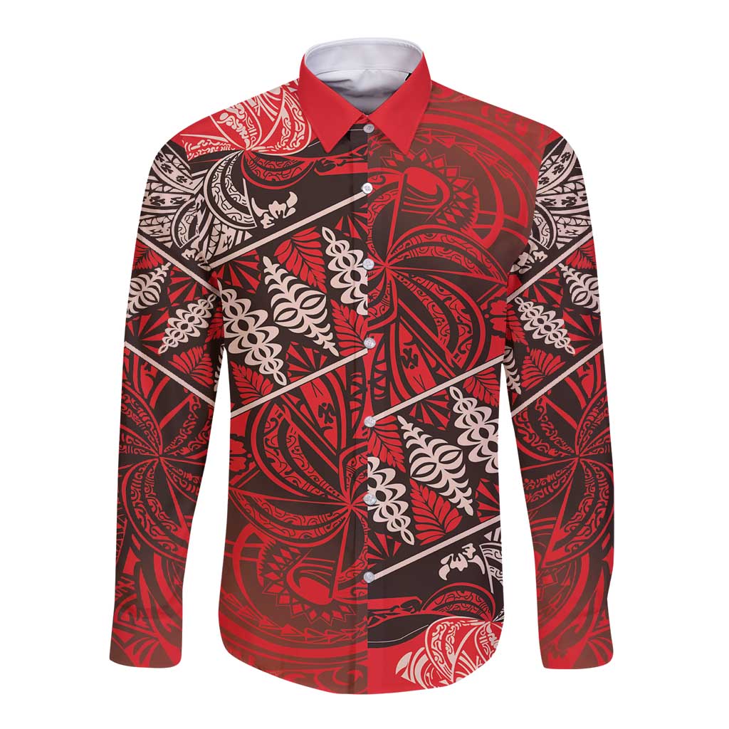 Vintage Ngatu Tribal Tonga Pattern Long Sleeve Button Shirt - Polynesian Pride