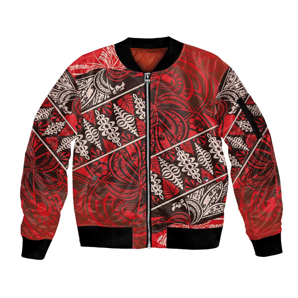 Vintage Ngatu Tribal Tonga Pattern Sleeve Zip Bomber Jacket - Polynesian Pride