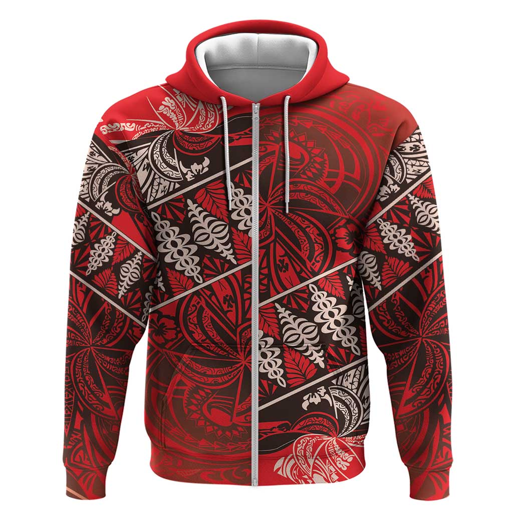 Vintage Ngatu Tribal Tonga Pattern Zip Hoodie LT9 Zip Hoodie Red - Polynesian Pride