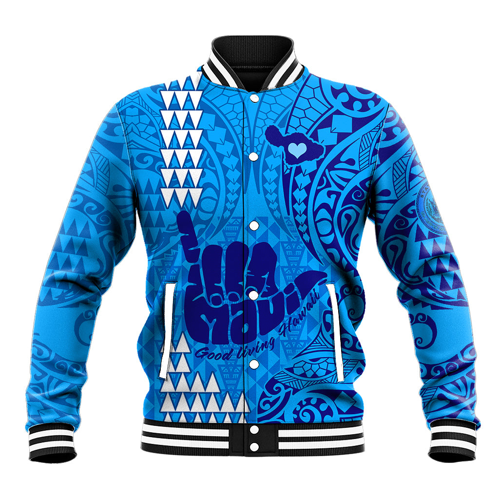 Strong Maui Baseball Jacket Good Living Hawaii with Shaka Sign Kakau Tribal Blue LT9 Unisex Blue - Polynesian Pride