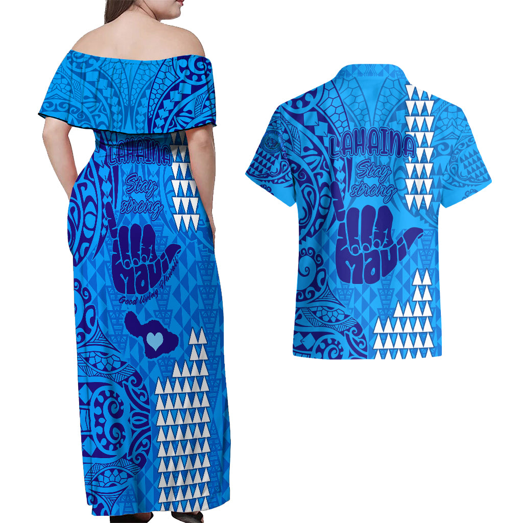 Strong Maui Couples Matching Off Shoulder Maxi Dress and Hawaiian Shirt Good Living Hawaii with Shaka Sign Kakau Tribal Blue LT9 - Polynesian Pride