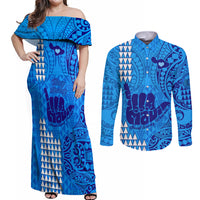 Strong Maui Couples Matching Off Shoulder Maxi Dress and Long Sleeve Button Shirts Good Living Hawaii with Shaka Sign Kakau Tribal Blue LT9 Blue - Polynesian Pride