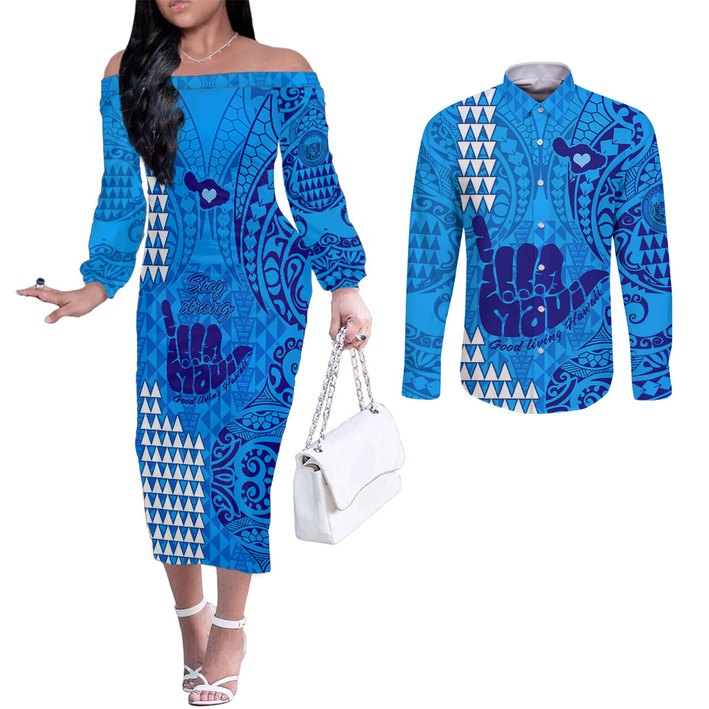 Strong Maui Couples Matching Off The Shoulder Long Sleeve Dress and Long Sleeve Button Shirts Good Living Hawaii with Shaka Sign Kakau Tribal Blue LT9 Blue - Polynesian Pride