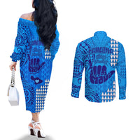 Strong Maui Couples Matching Off The Shoulder Long Sleeve Dress and Long Sleeve Button Shirts Good Living Hawaii with Shaka Sign Kakau Tribal Blue LT9 - Polynesian Pride