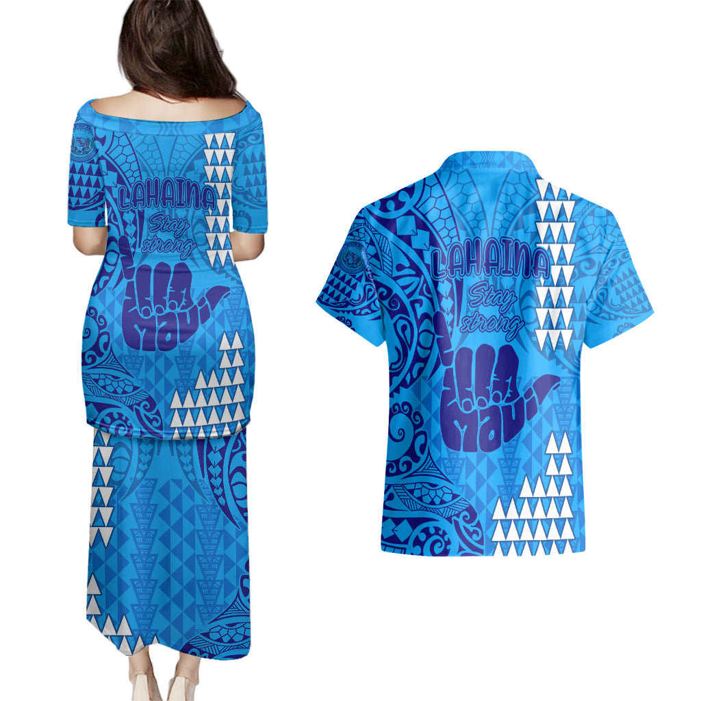 Strong Maui Couples Matching Puletasi Dress and Hawaiian Shirt Good Living Hawaii with Shaka Sign Kakau Tribal Blue LT9 - Polynesian Pride