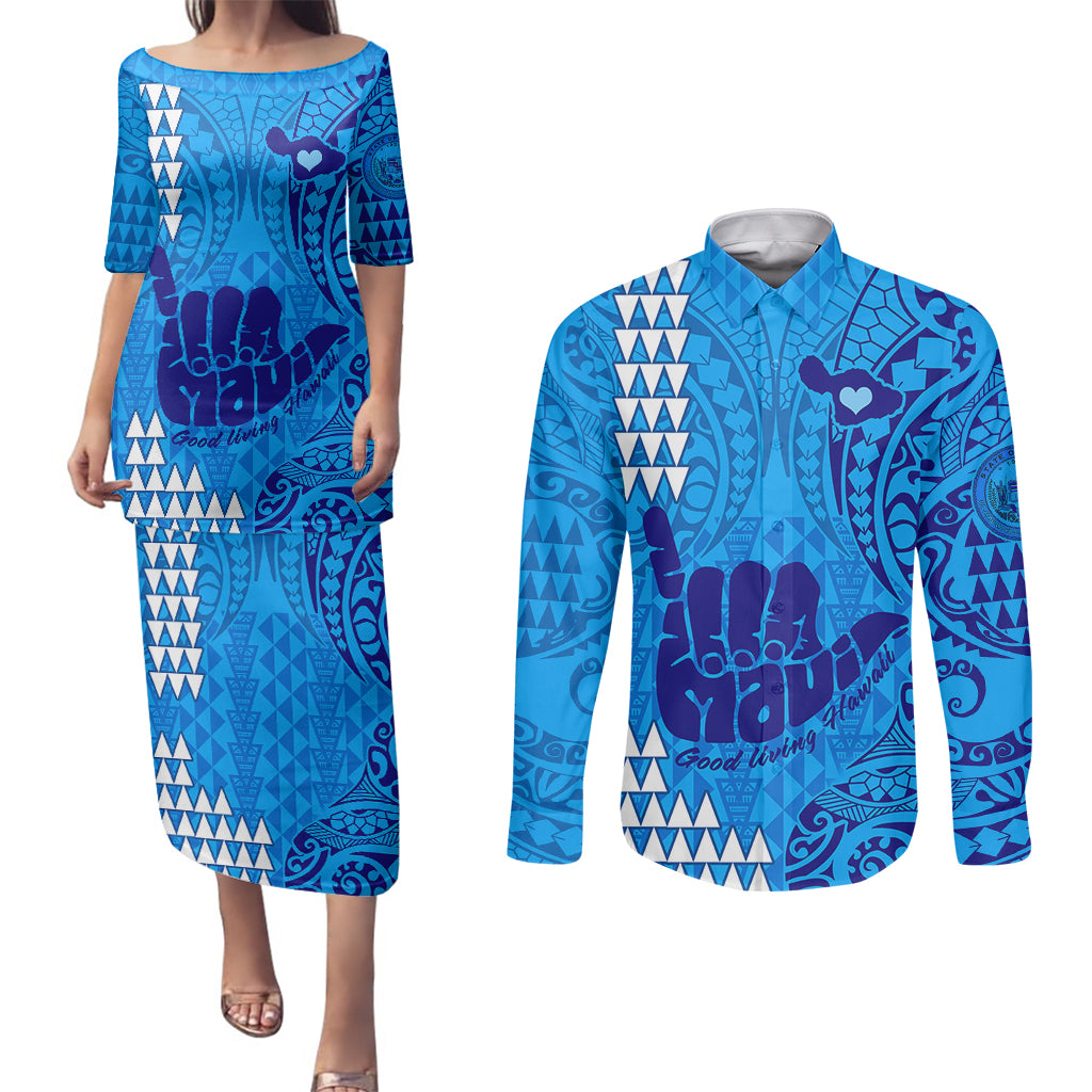 Strong Maui Couples Matching Puletasi Dress and Long Sleeve Button Shirts Good Living Hawaii with Shaka Sign Kakau Tribal Blue LT9 Blue - Polynesian Pride