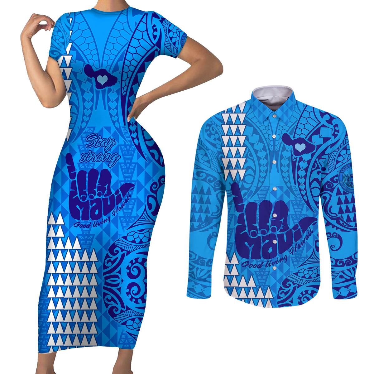 Strong Maui Couples Matching Short Sleeve Bodycon Dress and Long Sleeve Button Shirts Good Living Hawaii with Shaka Sign Kakau Tribal Blue LT9 Blue - Polynesian Pride
