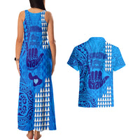 Strong Maui Couples Matching Tank Maxi Dress and Hawaiian Shirt Good Living Hawaii with Shaka Sign Kakau Tribal Blue LT9 - Polynesian Pride