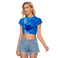 Strong Maui Raglan Cropped T Shirt Good Living Hawaii with Shaka Sign Kakau Tribal Blue LT9 Female Blue - Polynesian Pride