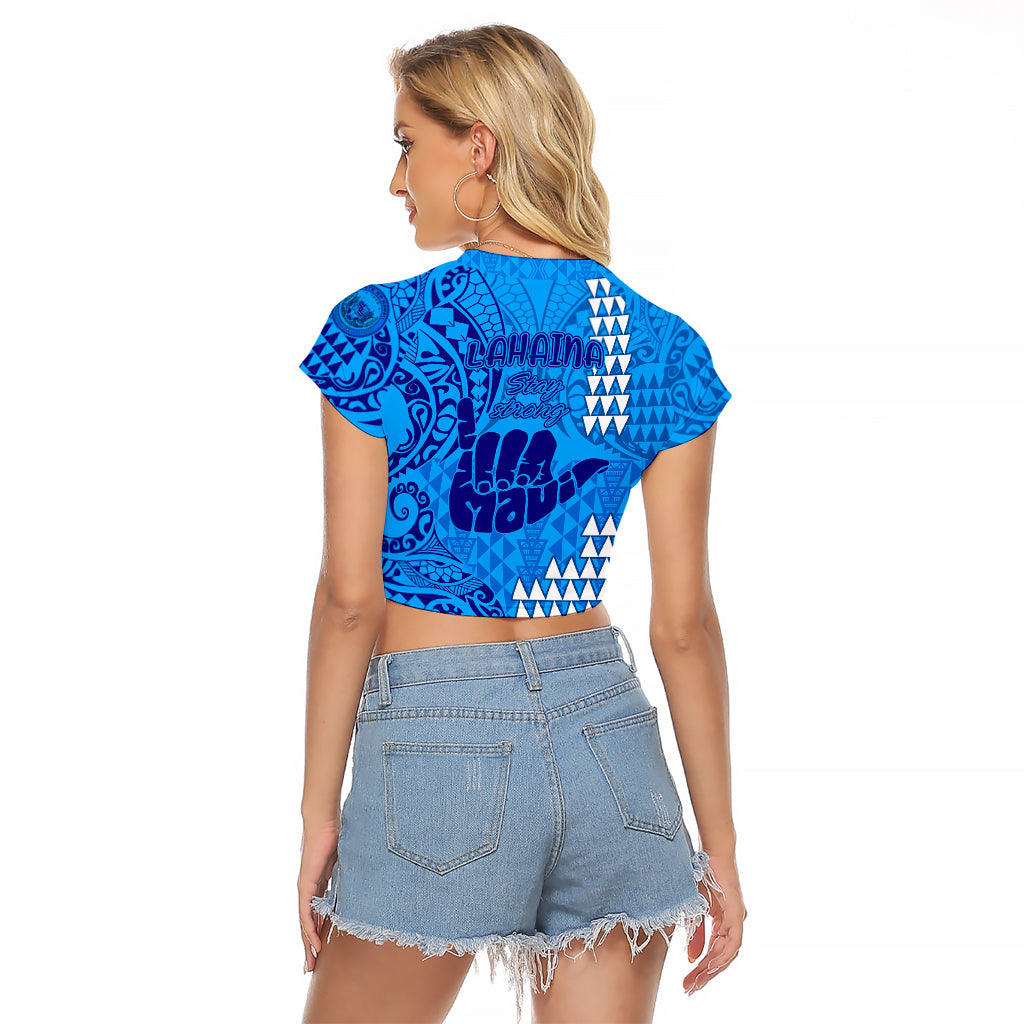 Strong Maui Raglan Cropped T Shirt Good Living Hawaii with Shaka Sign Kakau Tribal Blue LT9 - Polynesian Pride