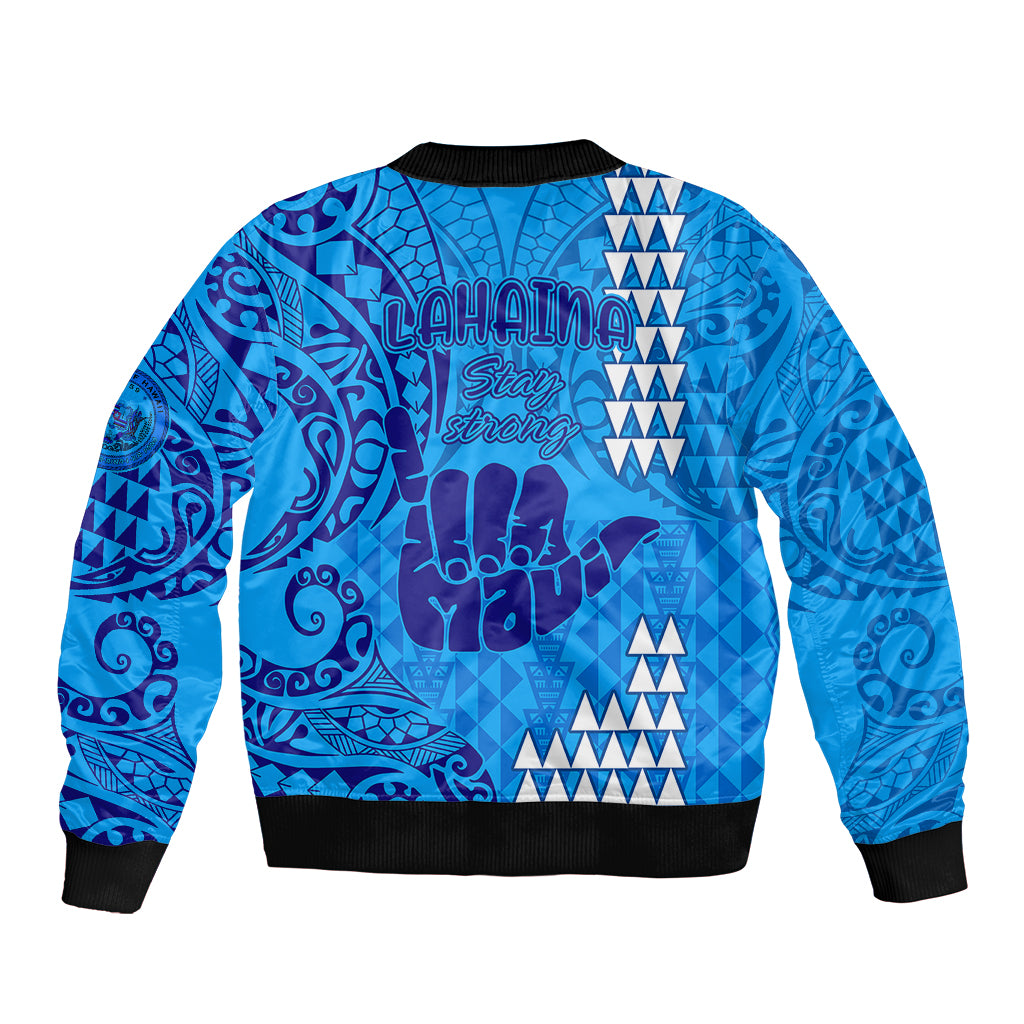 Strong Maui Sleeve Zip Bomber Jacket Good Living Hawaii with Shaka Sign Kakau Tribal Blue LT9 - Polynesian Pride
