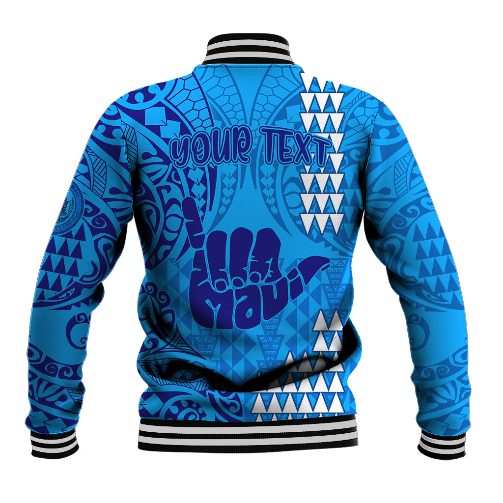 Personalised Strong Maui Baseball Jacket Good Living Hawaii with Shaka Sign Kakau Tribal Blue LT9 - Polynesian Pride