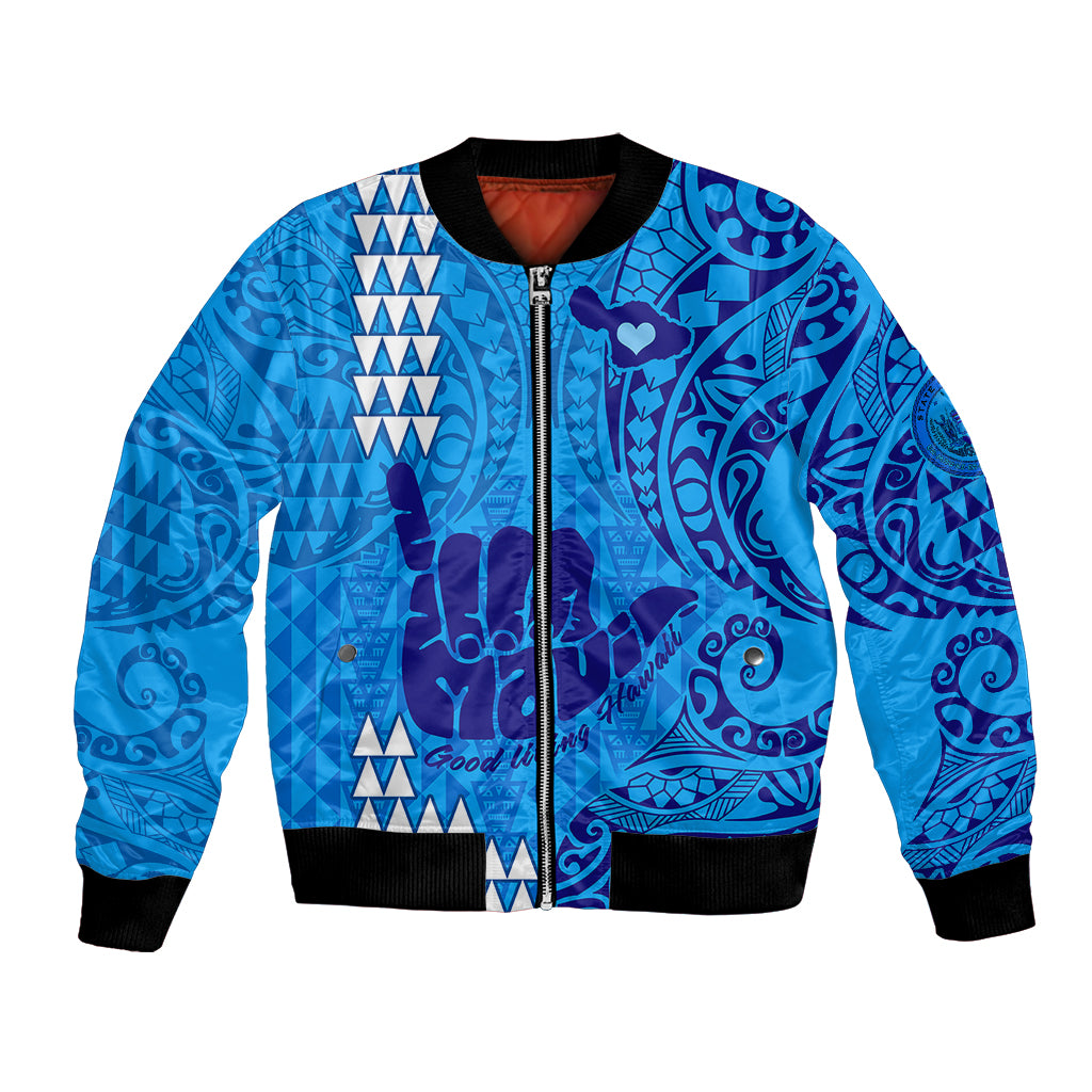 Personalised Strong Maui Bomber Jacket Good Living Hawaii with Shaka Sign Kakau Tribal Blue LT9 Unisex Blue - Polynesian Pride