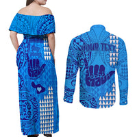 Personalised Strong Maui Couples Matching Off Shoulder Maxi Dress and Long Sleeve Button Shirts Good Living Hawaii with Shaka Sign Kakau Tribal Blue LT9 - Polynesian Pride