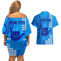 Personalised Strong Maui Couples Matching Off Shoulder Short Dress and Hawaiian Shirt Good Living Hawaii with Shaka Sign Kakau Tribal Blue LT9 - Polynesian Pride
