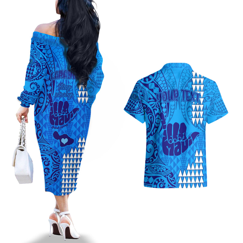 Personalised Strong Maui Couples Matching Off The Shoulder Long Sleeve Dress and Hawaiian Shirt Good Living Hawaii with Shaka Sign Kakau Tribal Blue LT9 - Polynesian Pride