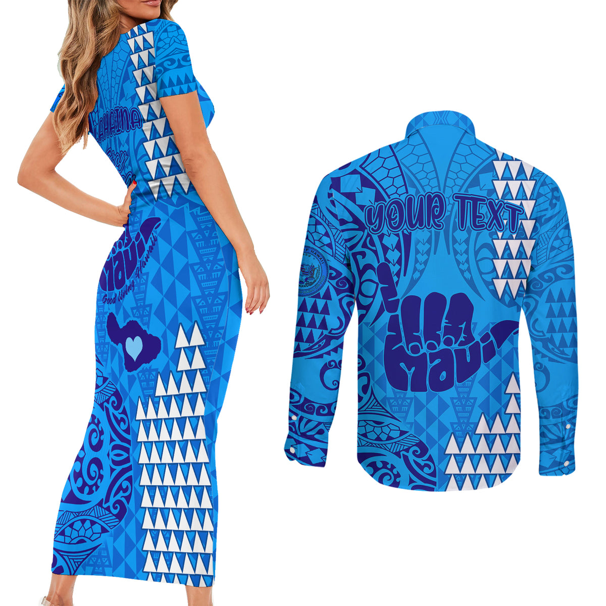 Personalised Strong Maui Couples Matching Short Sleeve Bodycon Dress and Long Sleeve Button Shirts Good Living Hawaii with Shaka Sign Kakau Tribal Blue LT9 - Polynesian Pride